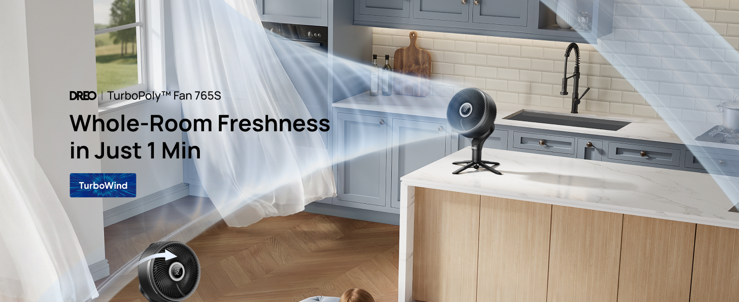 air multiplier fan in a kitchen with text about whole-room freshness.