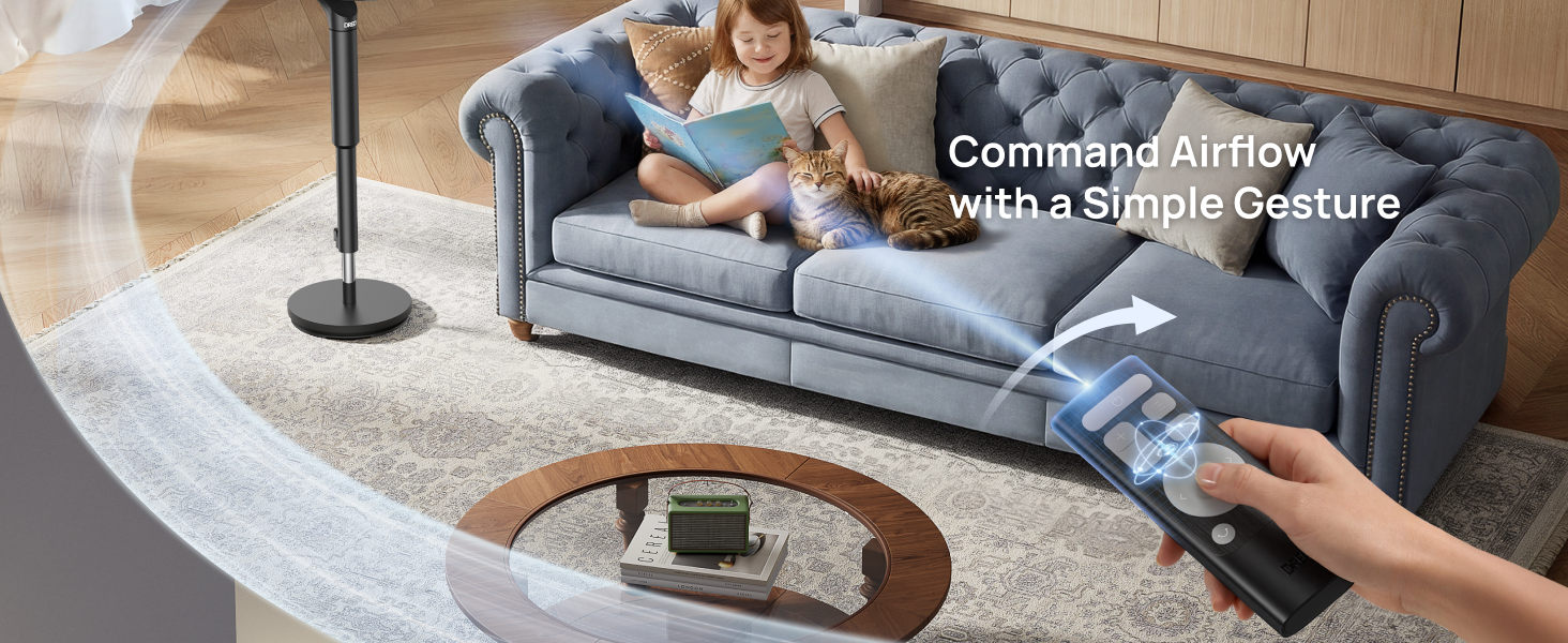 Living room with a gray sofa, a child reading, a cat, and a hand holding a remote control with text 'Command Airflow with a Simple Gesture'.